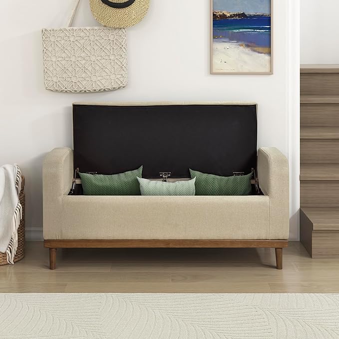 Lexicon Armed Fabric Storage Bench, Button-Tufted Storage Ottoman Bench, Lift-top Bench with Solid Wood Frame and Legs for Hallway, Bedroom End of Bed, Entryway, Living Room, Brown