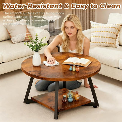 Round Coffee Table for Living Room, 27.6“ Circle Coffee Table, 2-Tier Industrial Coffee Tables with Storage, Wood Coffee Table, Modern Accent Table for Apartment, Office, Small Space, Rustic Brown