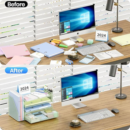 OPNICE Desk Organizer, 4-Tier Desktop File Organizer with Drawer and 2 Pen Holders, Office Desk Accessories, File Sorters, Workspace Organizers for Office Supplies(Green)