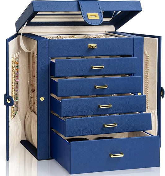 AKOZLIN 6-Tier Jewelry Box Organizer Functional 5 Drawers Leather Jewelry Storage Case for Women Girls Ring Necklace Earring Bracelet Holder Organizer with Mirror Blue Large