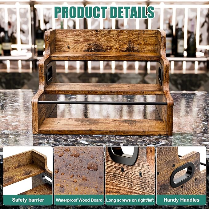 KLM Liquor Bottle Display Shelf, Coffee Syrup Rack Organizer, 3 Step Countertop Liquor Wine Rack, mini bar,liquor cabinet, Home Retro Bar Shelf Stand for Liquor Whiskey, Spirits