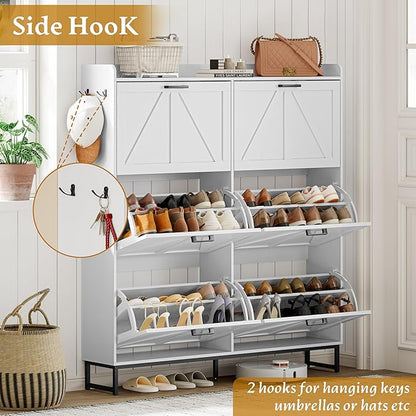 Shoe Cabinet Storage for Entryway, Shoe Storage Cabinet with 6 Flip Drawers, Freestanding Narrow Shoe Rack Organizer with Metal Legs for Foyer, Hallway, White