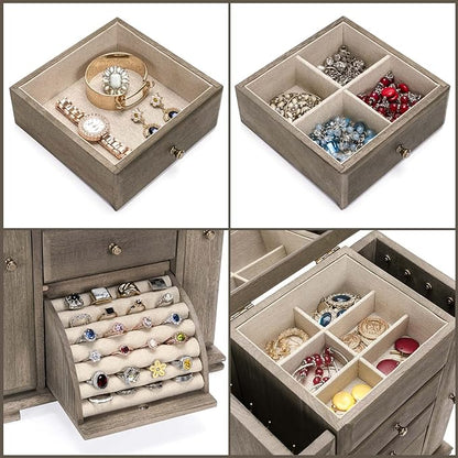Emfogo Jewelry Box for Women, Rustic Wooden Jewelry Boxes & Organizers with Mirror, 4 Layer Jewelry Organizer Box Display for Rings Earrings Necklaces Bracelets (Weathered Gray)