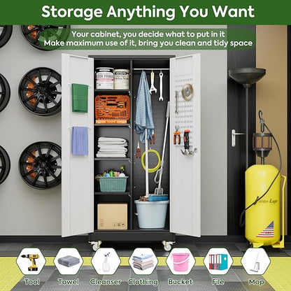 Broom Closet Storage Cabinet with Wheels and Pegboard,Metal Garage Storage Cabinet with Doors and Adjustable Shelves for Garage Home Office,Required Assembly,Black and White