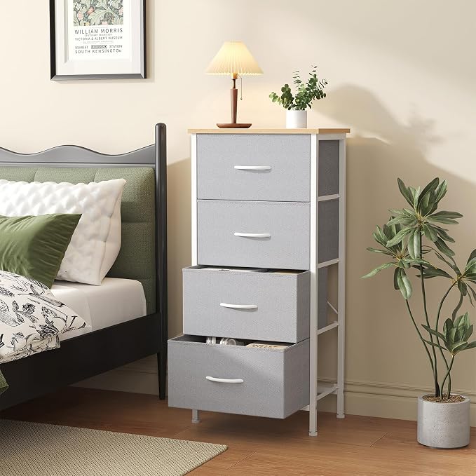Sweetcrispy 4 Drawer Fabric Dresser Storage Tower Nightstand Chest | Small bedroom dresser and nightstand with sturdy frame,Perfect for closet,entryway,dorm,Easy assembly,Light Gray