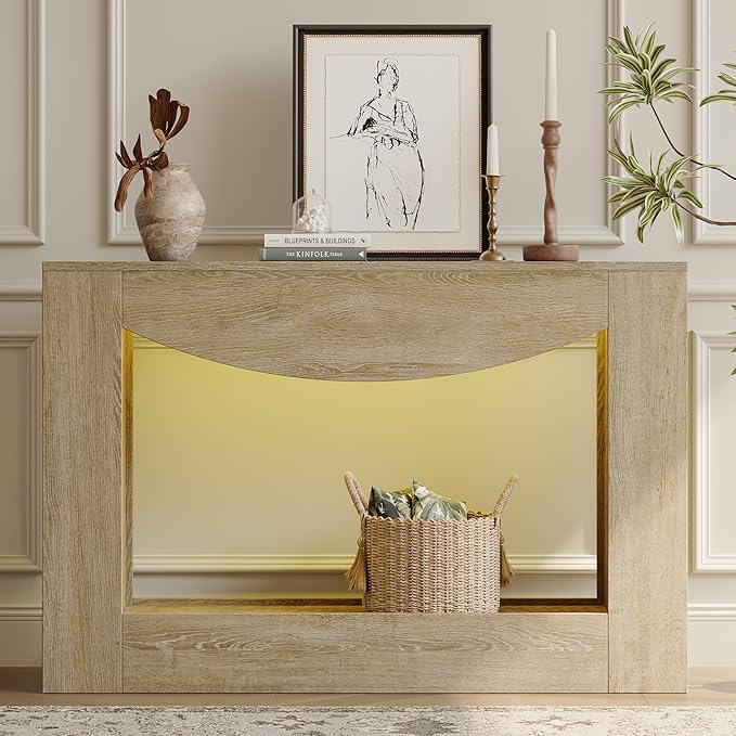 Farmhouse Console Table, 47 Inches Entryway Console Table with LED Light, Sofa Table Behind Couch, Wooden Accent Entryway Table for Living Room, Hallway