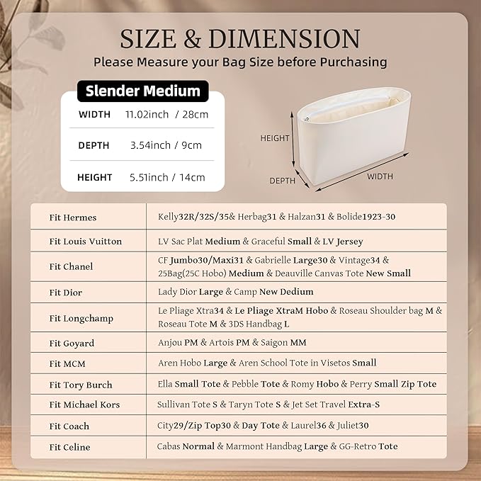 Purse Organizer Insert, Satin Tote Bag Organizer with 8 Sizes, Handbag Dividers for Inside Purse, Compatible with Longchamp, Neverful, 25C Hobo and More Bags（Slender Medium,Craie）