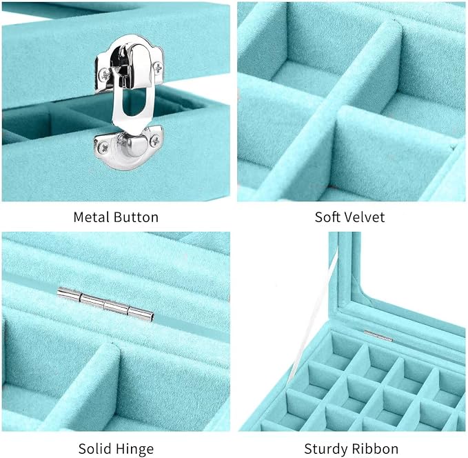 Velvet Jewelry Box 24 Grid Jewelry Earrings Display Organiser Box Ring Tray Holder Earrings Storage Case for Girls Women Wife Mom (Light blue)