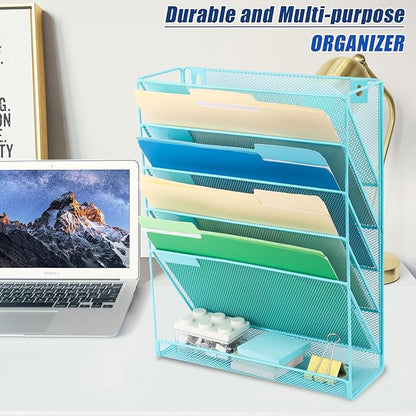 EASEPRES Desk File Organizer Mesh 6-Tier, Hanging Wall Mount Document Organization Stand, Desktop Vertical Mail Paper Folder Holder Rack with Bottom Tray for Office Home Cubicle Countertop, Blue