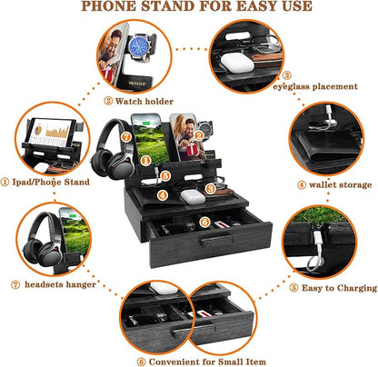VEIYAILU Gifts for Him Husband Boyfriend Son Men Nightstand Organizer Wood Phone Docking Station Birthday Gifts (Black)