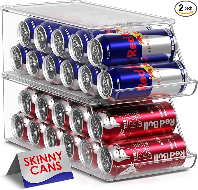 Sorbus Skinny Soda Can Organizer for Refrigerator - Stackable Slim Can Holder Dispenser with Lid for Fridge, Pantry, Freezer - BPA-Free, Clear Design, Drink Organizer for Fridge (2-Pack)