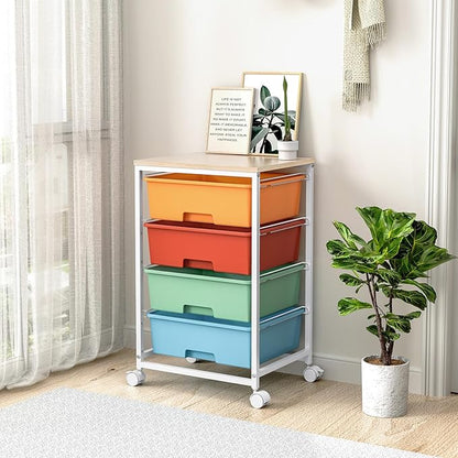 Utility-Rolling-Storage-Drawer-Craft-Cart-Organizer with 4 Drawers and Wooden Tabletop & Lockable Wheels for Home Office, Bedroom, Kids Room, Classroom, 4 Tiers Under Desk Drawer Cart, Macaron