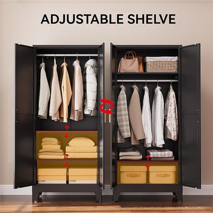 COFaR Black Metal Wardrobe Closet 2-in-1 Design, 71" Freestanding Armoire with Adjustable Hanging Rod & Shelves, Convertible Storage/Hanging Cabinet for Bedroom