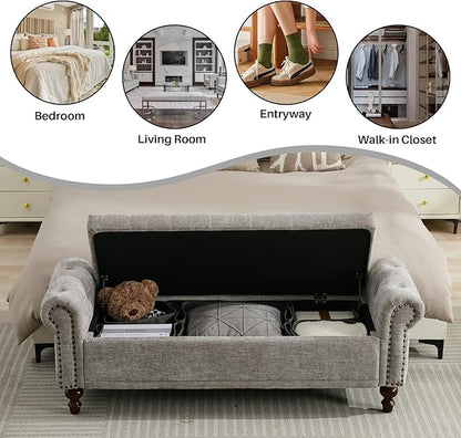 58.1" Storage Bench Upholstered Chenille End of Bedroom Bed Bench Ottoman with Tufted Cushioned Rolled Arm Large Storage Space for Reading Living Room Entryway, Light Grey