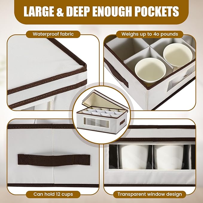 Uiifan 4 Pcs Mug Storage Box with Dividers 12 Compartment Stemware Storage Cases China Container Box with Lid, Handles, PVC Window for Moving, Beige