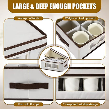 Uiifan 4 Pcs Mug Storage Box with Dividers 12 Compartment Stemware Storage Cases China Container Box with Lid, Handles, PVC Window for Moving, Beige