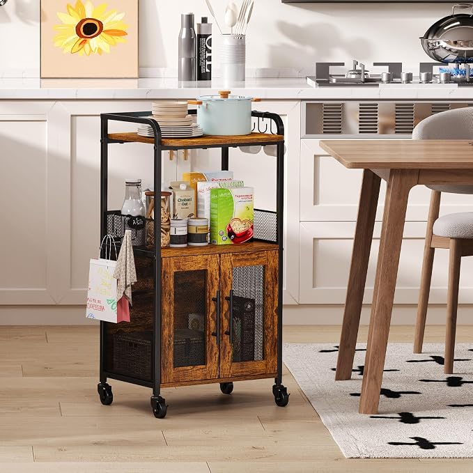Hencawima Small Coffee Bar Cabinet with Storage, 3-Tier Rolling Coffee Bar Table, Farmhouse Coffee Cart Station with 2 Doors for Living Room, Dining Room, Rustic Brown