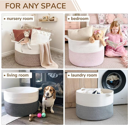 INDRESSME XXXLarge Blanket Basket for Living Room 21.7" x 21.7" x 13.8"-Storage Basket with Handle for Organizing Toy Pillows Woven Cotton Rope Laundry Basket Stuffed Animal Toy Storage for Play Room