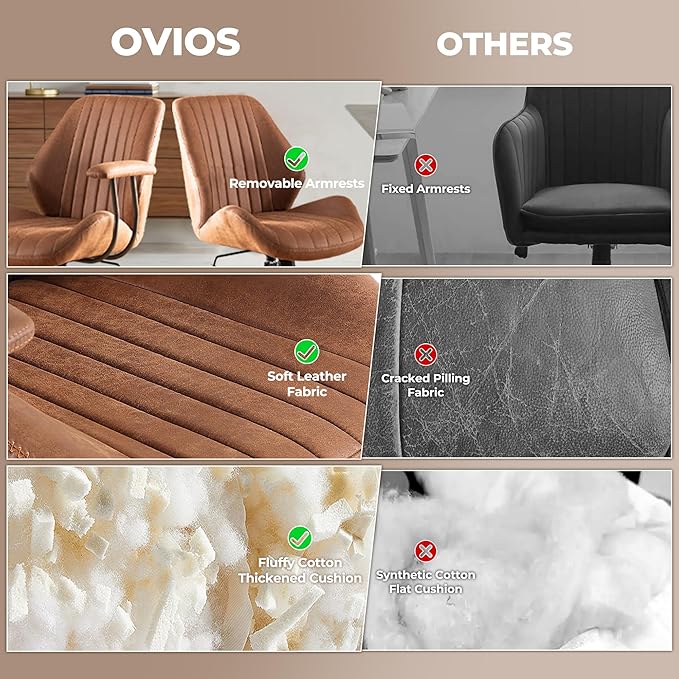 ovios Home Office Chair, Mid-Century Modern Faux Suede Leather Ergonomic Chairs, Mid Back Comfy Computer Swivel Rolling Task Executive Armchair, Brown