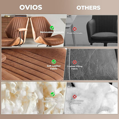 ovios Home Office Chair, Mid-Century Modern Faux Suede Leather Ergonomic Chairs, Mid Back Comfy Computer Swivel Rolling Task Executive Armchair, Brown