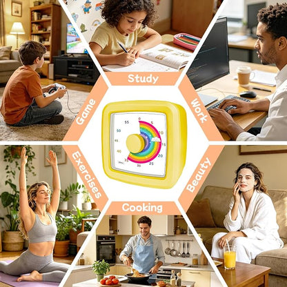 60-Minute Visual Timer for Kids, Silent Countdown Kids Visual Timer with Rainbow Design, Plastic Time Management Tool Timers for Classroom Toddler Homework Kitchen, Focus Tools for Kid,Yellow