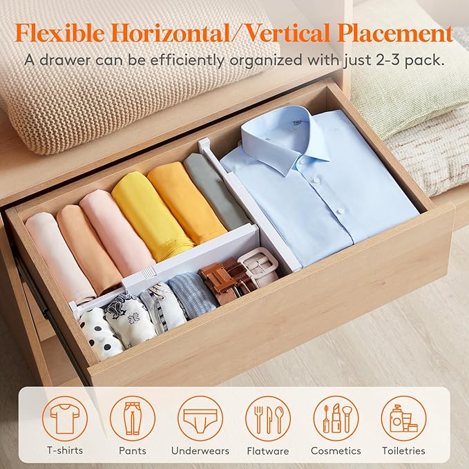 Lifewit 5 Pack Upgrade Drawer Dividers for Clothes, 4" High 11"-17" Adjustable Dresser Drawer Organizers, Expandable White Plastic Drawer Separators for Kitchen, Nursery, Office Organization & Storage
