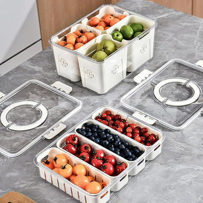 2Pack Divided Veggie Tray with Lid and Handle 4 Compartment Serving Tray with Dividers Portable Travel Snack Storage Containers Stackable Snackle Box Charcuterie Container for Fruit,Vegetable,Salad