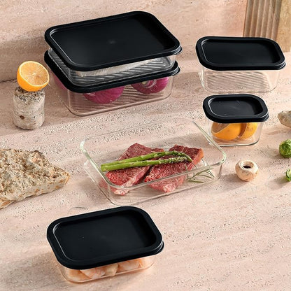 EATEX 14 Pack Glass Meal Prep Containers with Grooved Base, 14 Stackable BPA Free Glass Storage Containers with Lids for Lunch, Pantry, and Kitchen - Microwave, Dishwasher Freezer & Oven Safe - Black