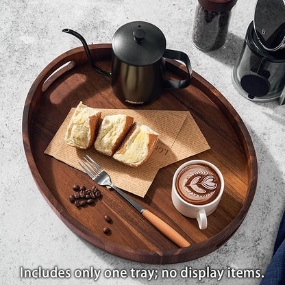 Acacia Wood Serving Tray with Handles - Round Decorative Ottoman Tray for Coffee Table, Breakfast in Bed, Living Room, Kitchen Counter, Candle Display, Tea Party, Lunch, Dinner, Bathroom & Home Decor