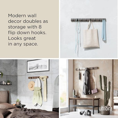 Umbra Flip Wall-Mounted Coat Rack with 8 Hooks – Modern, Space-Saving Storage for Hats, Jackets, Bags, Entryway, Mudroom, Closet, Bathroom, Bedroom – White/Nickel