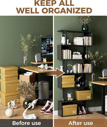 Gadroad 6 Tier Geometric Bookcase, Black Book Shelves, Modern Corner Bookcase Storage Shelf Wood for Bedroom, Living Room, Home Office, Black