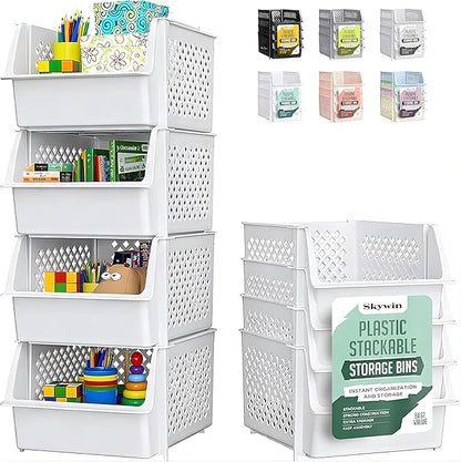 Skywin Stackable Storage Bins Open Front for Pantry Storage, 4 Pack - White | Sturdy Plastic, Easy Stacking, Open Front Access, Ventilated Sides, Vertical & Space Saving Pantry Organizers and Storage Bin