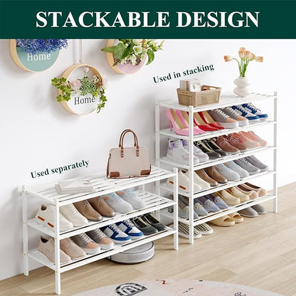 Smiry Long Bamboo Shoe Rack 5-Tier, Stackable Wooden Shoe Organizer for Entryway & Closet, Free Standing Wood Shoe Storage Shelf for Front Door & Small Spaces, White