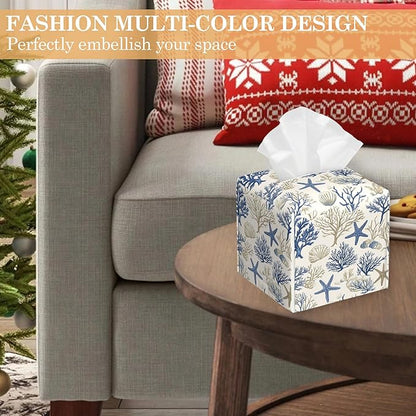 Leather Tissue Box Holder Shells and Starfish Tissue Box Cover Square Waterproof Holder Organizer Modern Napkin Holder for Bedroom Dresser Night Stand Office Desk