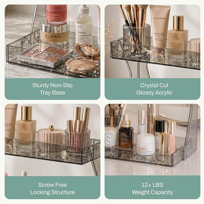 Perfume Organizer for Vanity, Premium Clear Acrylic Makeup Organizer Countertop with Non-Slip Trays, Easy 30-Second Assembly, Holds 12–16 Bottles for Bathroom & Dresser (Dark Diamond)
