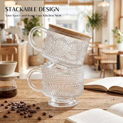INSETLAN Vintage Glass Coffee Mugs 14 oz Set of 4, Embossed Overnight Oats Containers with Bamboo Lids and Spoons, Glass Coffee Cups for Tea, Cappuccino, Latte, Cereal and Yogurt, Gifts for Women