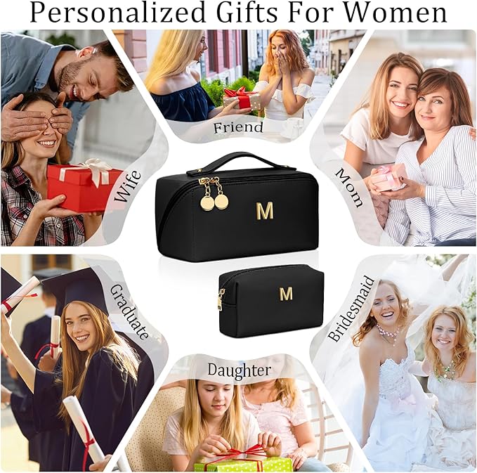 Valentines Day Gifts for Women Teen Girl, Personalized Initial Makeup Organizer Bag Set, Open Flat Travel Cosmetic Bag With Clear Divider and Handle(Black,M)