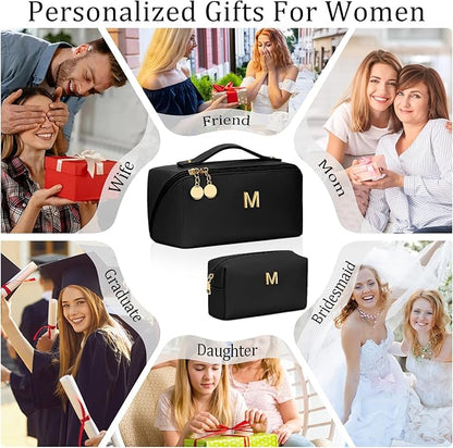Valentines Day Gifts for Women Teen Girl, Personalized Initial Makeup Organizer Bag Set, Open Flat Travel Cosmetic Bag With Clear Divider and Handle(Black,M)