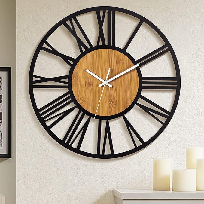 1st owned Wall Clocks for Living Room Decor,16" Vintage,Round Silent Non Ticking,Black Metal,Modern Wood Clocks for Home Bedroom,Kitchen,Garden,Office,Cafe,Modern Wall Decoration -Roman Numerals