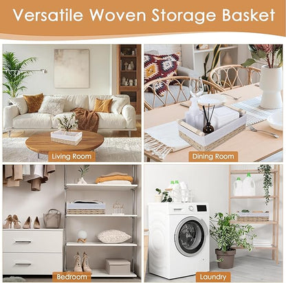 Wicker Storage Basket with Wooden Handle – Paper Rope Decorative Toilet Paper Baskets & Bathroom Organizer for Toilet Tank Top, Shelves, Bedroom, Countertop,Home,Office Storage Bins, 2 Pack,Beige