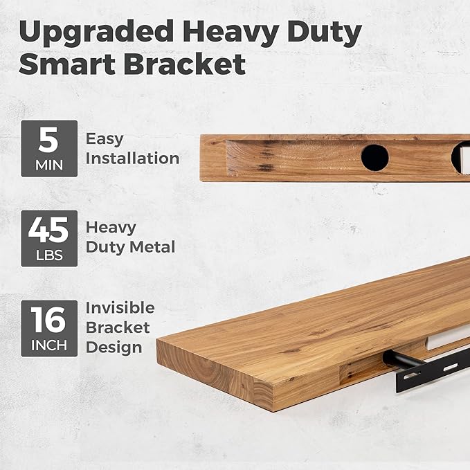 RICHFOCUS Elm Floating Shelves for Wall - 30" W x 9.3" D Rustic Solid Wood Shelves with Invisible Bracket, Wall-Mounted for Living Room, Bedroom, Kitchen Storage & Display, Set of 2, Natural