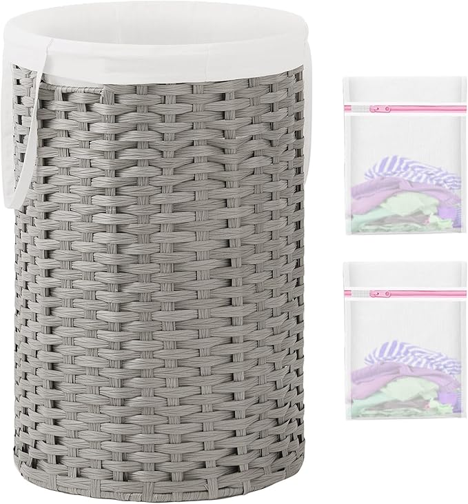 SETVSON 34.3 Gal (130 L) Large Laundry Hamper Laundry Basket Round Handwoven Wicker Laundry Baskets Rattan Laundry Basket with Removable Bag Handles 2 Mesh Bags for Living Room Bedroom Gray (No Lid)