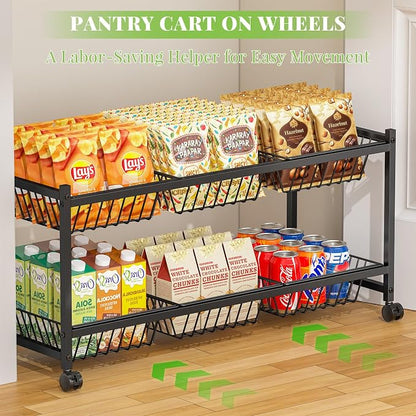 2-Tier Rolling Pantry Cart on Wheels with 6 Removable Baskets, Sturdy Pantry Floor Organizer and Storage, Kitchen Storage Cart for Fruit Vegetables, Snack Organizer for Pantry Kitchen Living Room
