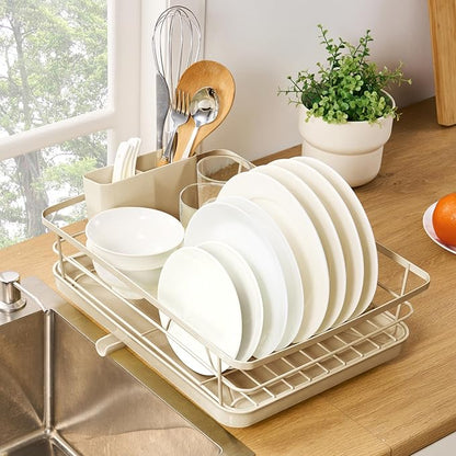 Dish Drying Rack 3 Piece Dish Drainer with Drainboard Set for Kitchen Counter – Dish Rack with Removable Utensil Holder & Swivel Spout for Countertop – DishRack for Plates, Cups & More, Beige