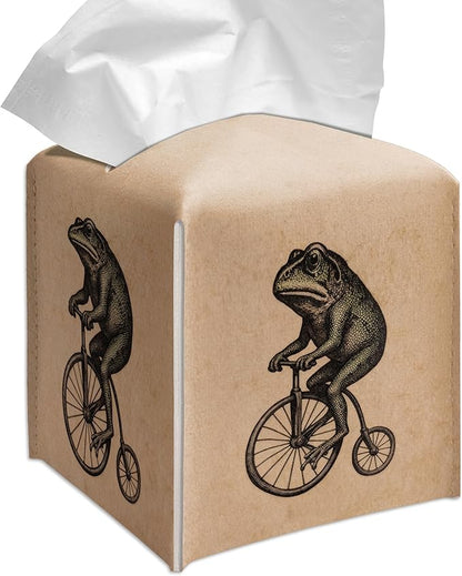 Grace Yonks Retro Tissue Box Cover Square - Frog on Penny-Farthing Design 5.2" PU Leather Holder for Vanity, Desk, or Bathroom Counter - Cube Case for Facial Tissues. (116)