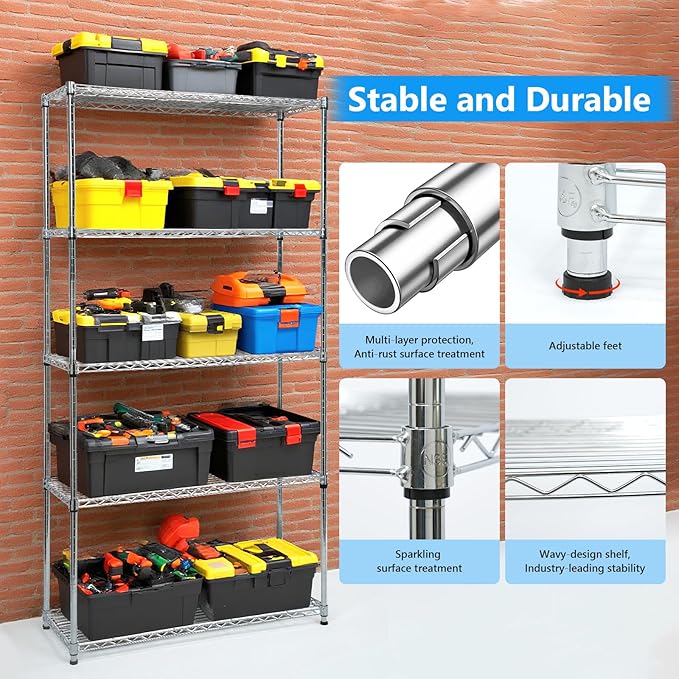 hiLISS Heavy-Duty Chrome Steel Wire Shelving NSF Certified. Adjustable Storage Rack for Kitchen,Garage,and Laundry Utility Room (Chrome-5Tiers-36x14x72)
