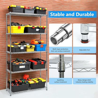 hiLISS Heavy-Duty Chrome Steel Wire Shelving NSF Certified. Adjustable Storage Rack for Kitchen,Garage,and Laundry Utility Room (Chrome-5Tiers-36x14x72)
