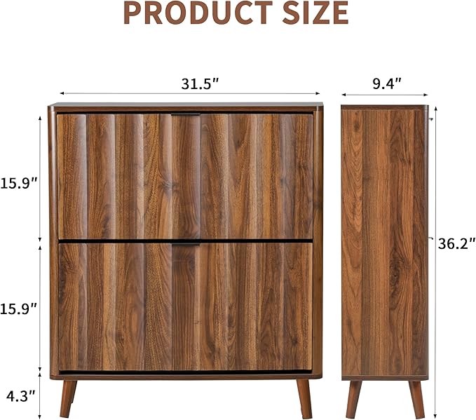 31.5” Fluted Shoe Cabinet Storage with 2 Flip Drawers,Narrow Freestanding Shoe Storage Organizer,Slim Shoe Rack Cabinet for Entryway,Hallway (Walnut)