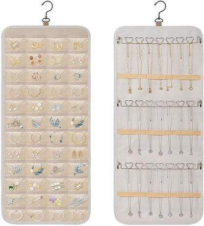Dynoro Double-Sided Hanging Jewelry Organizer, Large Lvory Storage Roll for Earrings, Necklaces, Rings, 48 Pockets 21 Hooks, Durable Oxford Fabric for Closet, Wall, Door, 1 piece, Jewelry Not Included