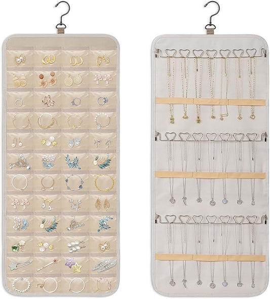 Dynoro Double-Sided Hanging Jewelry Organizer, Large Lvory Storage Roll for Earrings, Necklaces, Rings, 48 Pockets 21 Hooks, Durable Oxford Fabric for Closet, Wall, Door, 1 piece, Jewelry Not Included